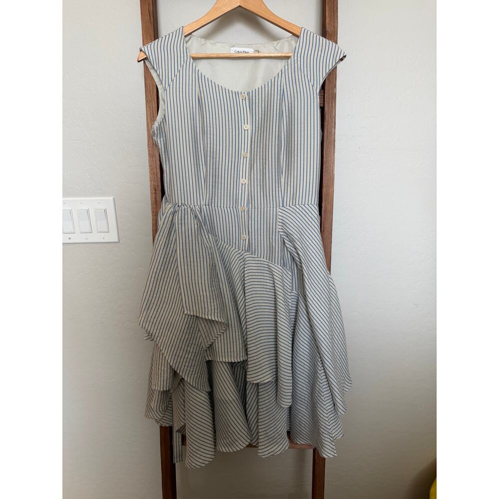 Calvin Klein Pinafore Dress Size 8 | Stripes| Button Bodice, Ruffles